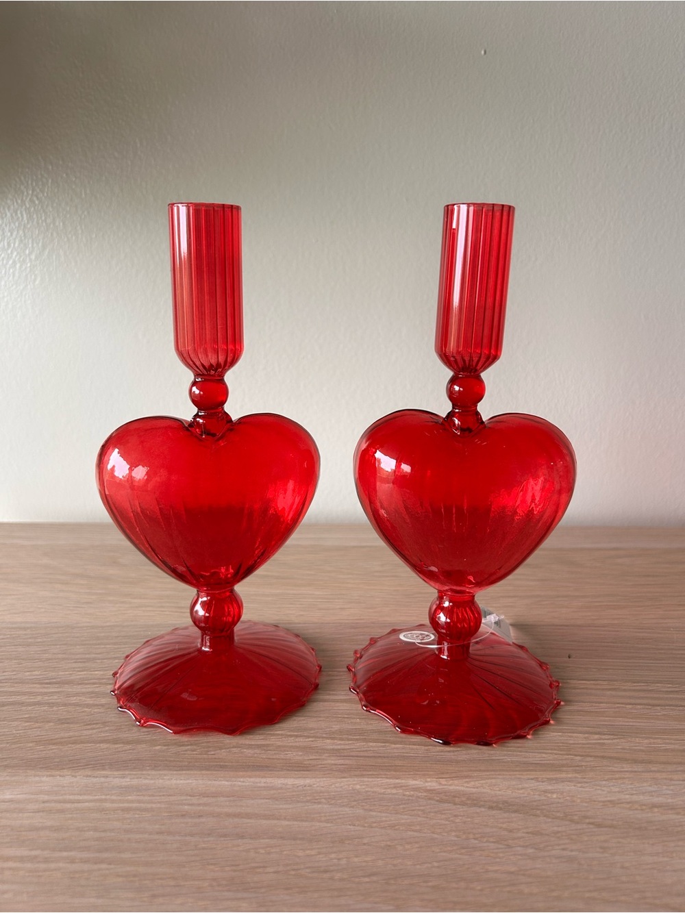 S/2 Red Glass Heart Candlestick Holders